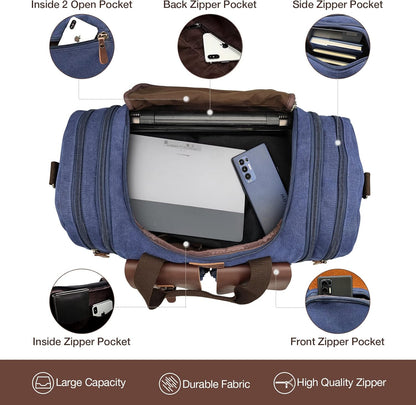 Wildroad 50L Travel Duffel Bag, Expandable Canvas Genuine Leather Duffle Bag Upgraded Overnight Weekender Carry on Bag