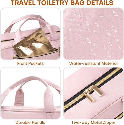 Hanging Toiletry Bag for Women Travel, 2 Sizes Large & Small Waterproof Cosmetic Organizer with 4 Compartments, Rotating Hook, Foldable Pink Travel Bag for Toiletries & Makeup - Large Pink