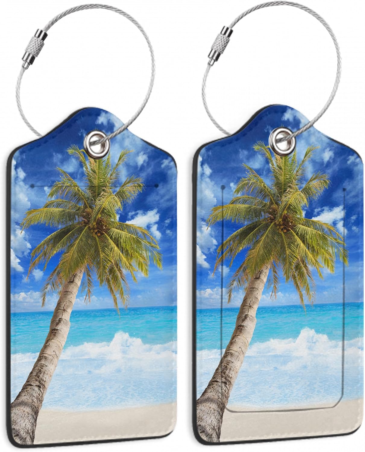 Beach Sea Luggage Tags for Suitcases,2 Pack Coconut Palm Tree Luggage Tag,Leather Stainless Steel Loop Label Tag for Women Men Girls Travel Bag Suitcase