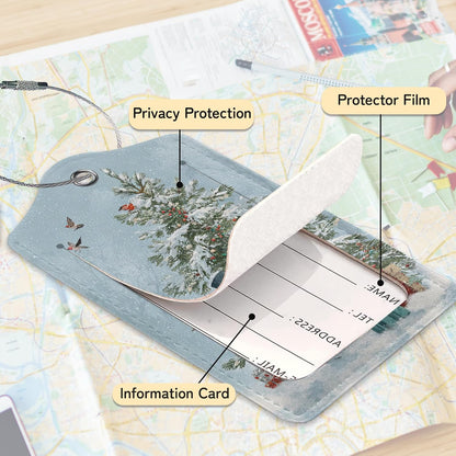 Merry Christmas 3 Pack PU Leahter Luggage Tag with Stainless Steel Loop,Christmas Tree Travel Suitcase Labels with Privacy Cover ID Label Quickly Spot for Bags
