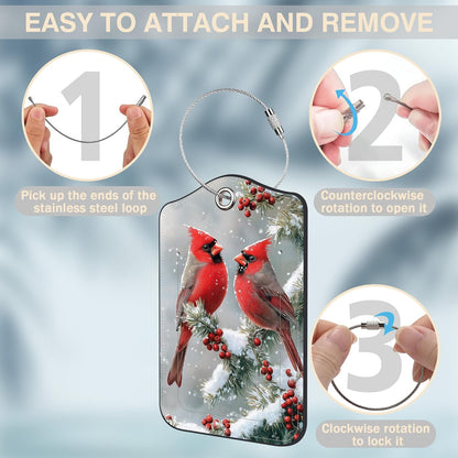 Red Cardinals on Snowy Branches Set of 2 Luggage Tags for Suitcases Leather Suitcase Tags Identifiers with Privacy Name Address Label and Stainless Steel Loop for Women Men Travel Luggage Accessories