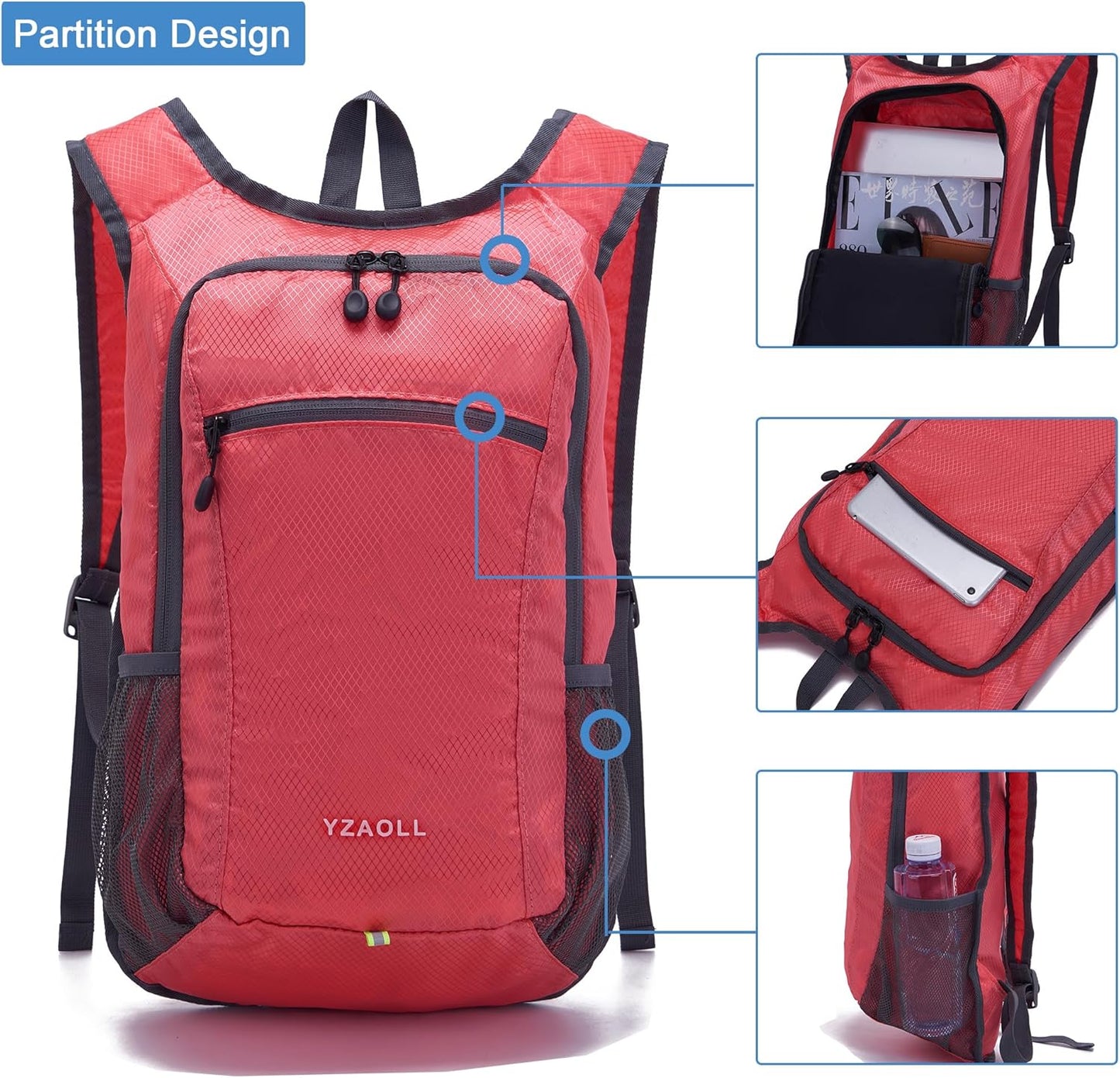 YZAOLL Small Hiking Backpack 15L Lightweight Packable Outdoor Hiking Daypacks for Women Men Travel Camping,Red