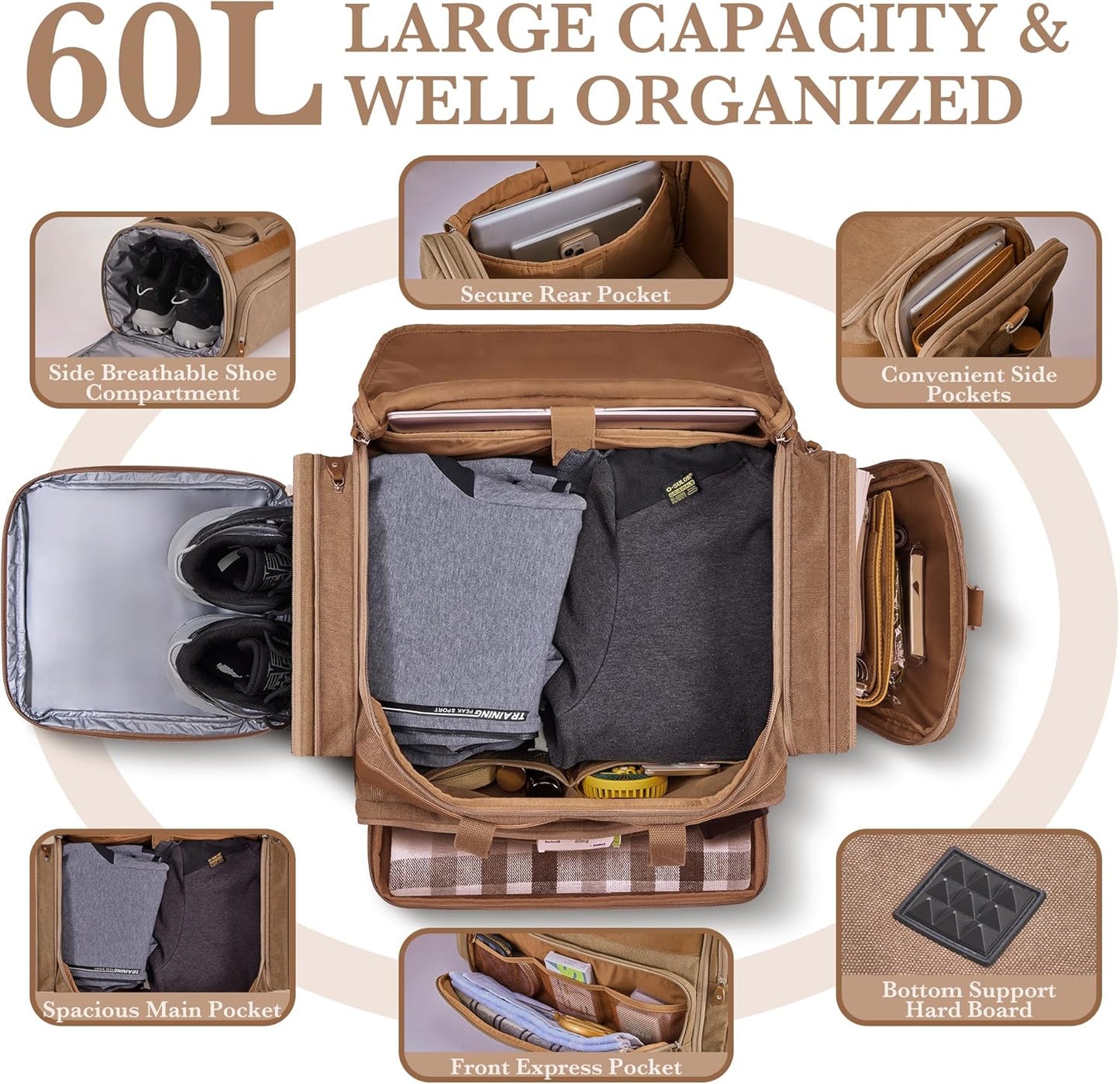 SHOWKOO Duffle Bag for Travel 60L Expandable Canvas Travel Bag Durable Vintage Weekender Overnight Carry On Bag for Men(Khaki)