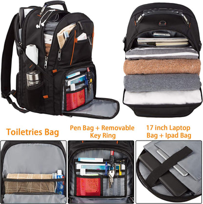 Travel Backpacks for Men Women,Extra Large College School Laptop Bookbags with USB Charging Port,RFID TSA Friendly Water Resistant Business Computer Bag with Luggage Sleeve Fit 17.3''Laptop 45L,Orange