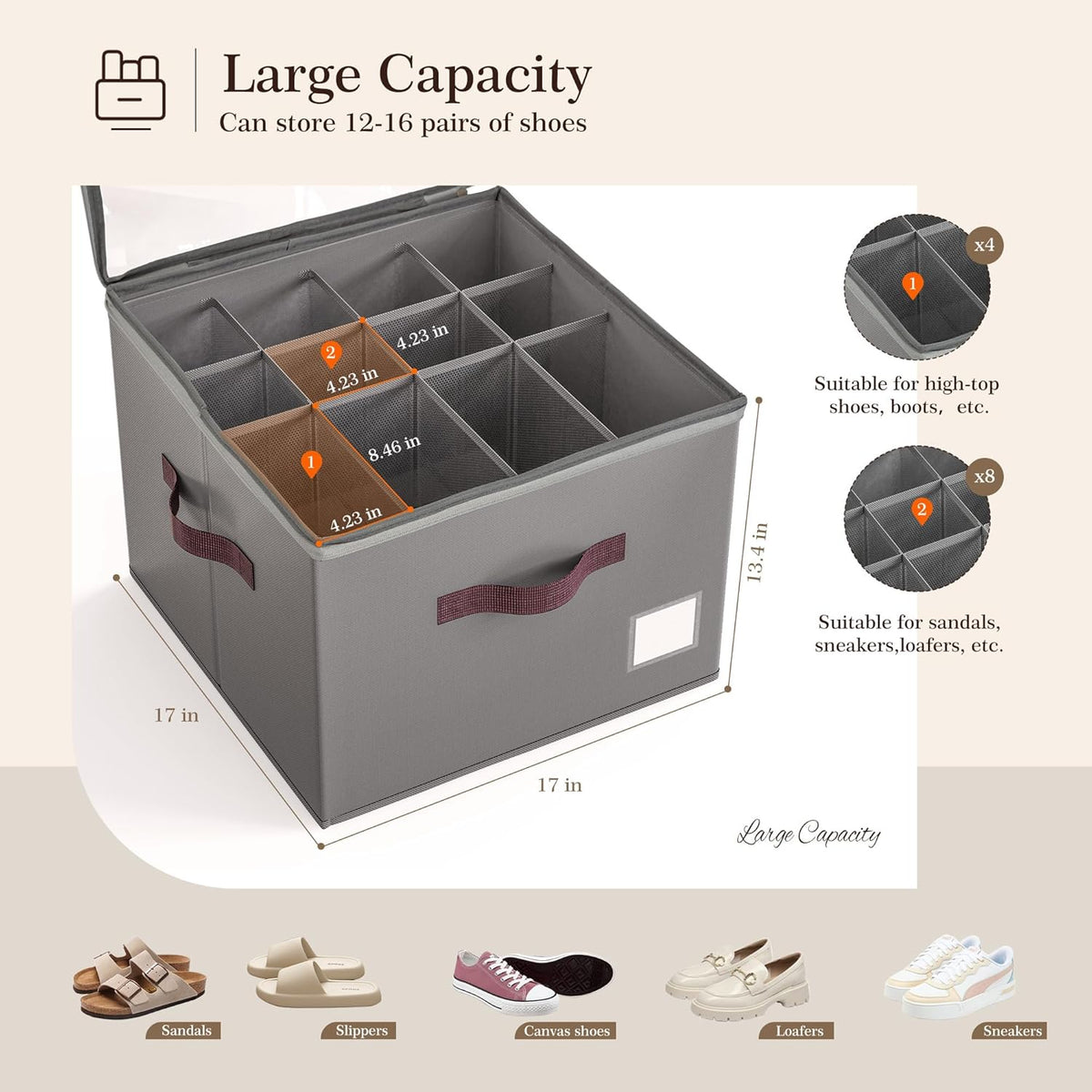 Criusia Shoe Organizer for Closet, 4 Pack Shoe Organizer with Transparent Cover and Sturdy Handles, Closet Shoe Storage for Sneakers Sandals Slippers, Fit 12-16 Pairs, Gray