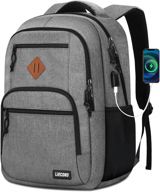 Grey Backpacks for Men, Backpack for School, School Backpack for Boys Teens, 15.6 inch Laptop Back Pack with USB Charging Port, College Book Bag, Business Work Travel Bookbag, mochilas para hombres
