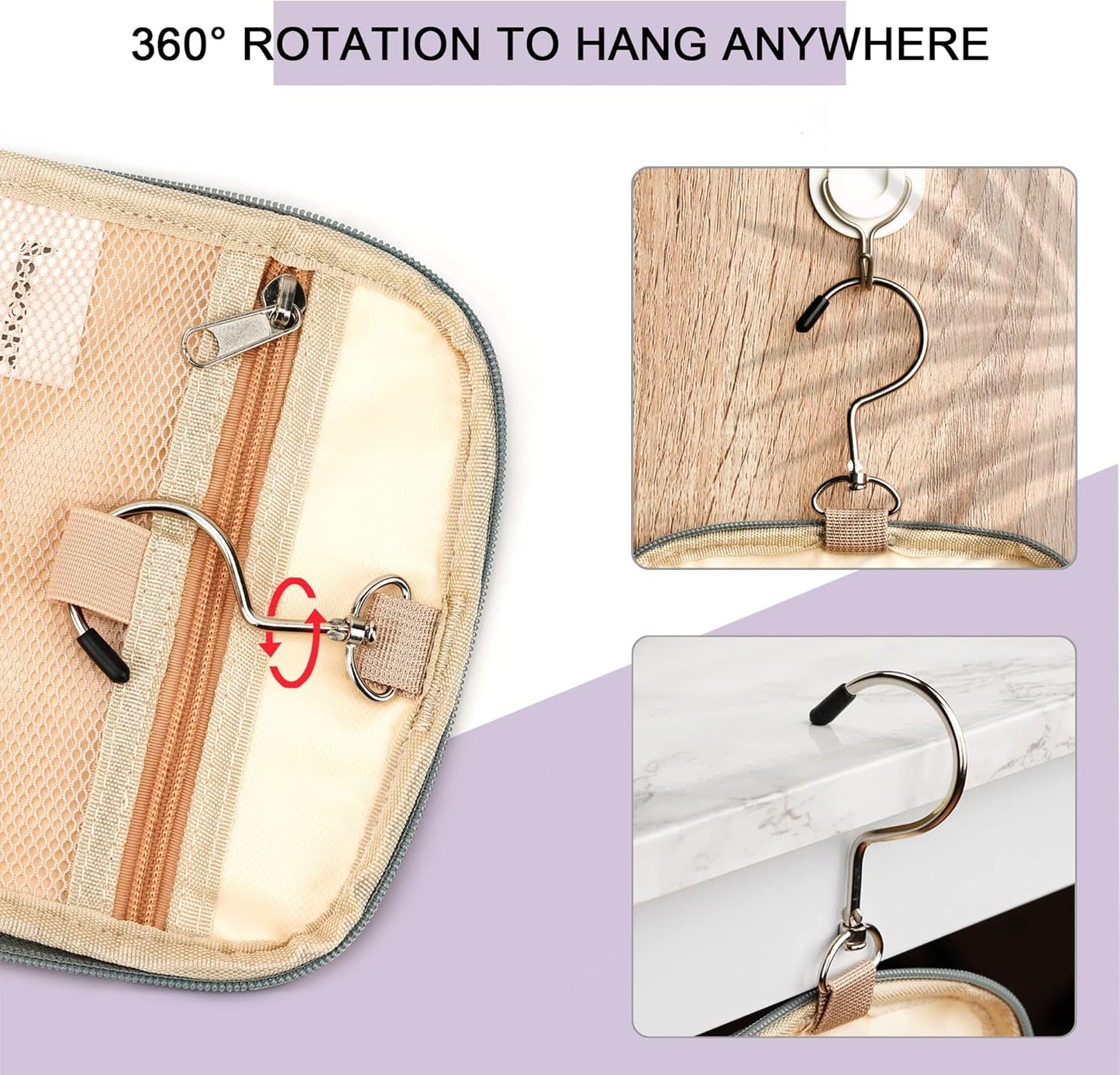 Extra Large Toiletry Bag for Women and Men, 6 Organizer Compartments, Holds Full Size Shampoo, with Hanging Hook Cosmetic Bag, Travel Makeup Bag, Bathroom Water-resistant Toiletries Bag, Purple