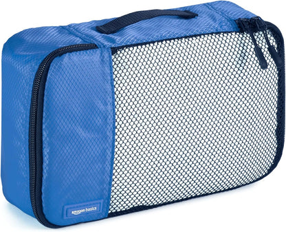 Amazon Basics Packing Cubes for Travel, Packing Organizers Set, 4-Piece-Set (Slim, Small, Medium, Large) With Double Zipper Pulls and Mesh Top Panel, 100% Durable Polyester, Blue