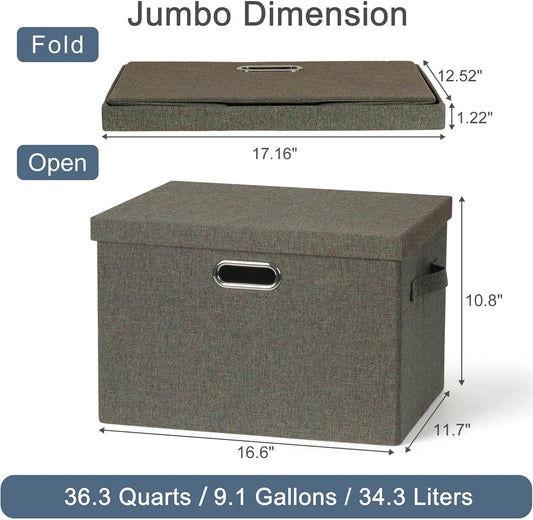 Large 17" 36 Quart Collapsible Stackable Storage Bins with Lids, 3 Packs Dark green Foldable Fabric Closet Storage Boxes with Lids, Heavy-duty Linen Cube Baskets(17x12x11)