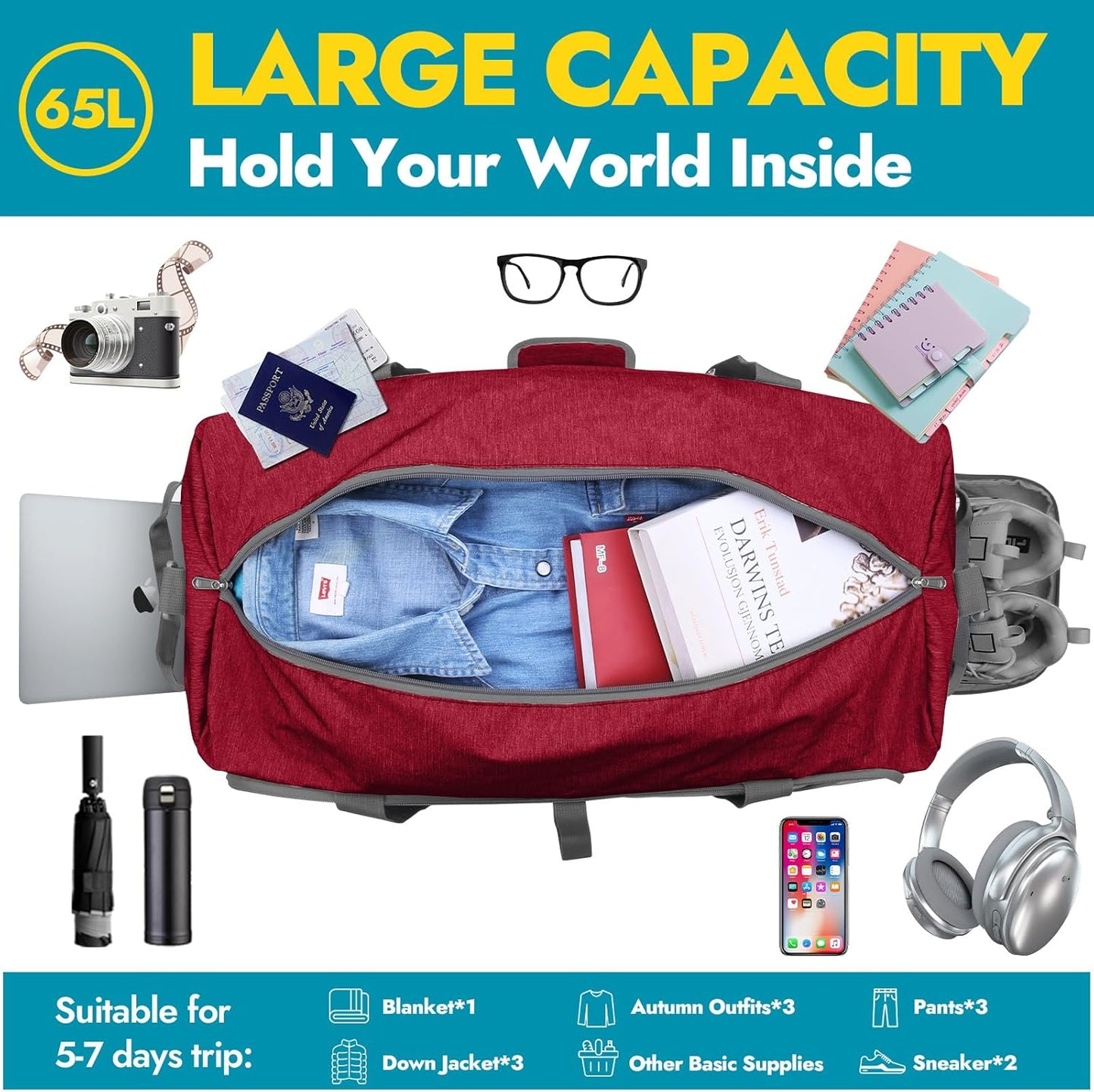 Canway 65L Travel Duffel Bag, Foldable Weekender Bag with Shoes Compartment for Men Women Water-proof & Tear Resistant