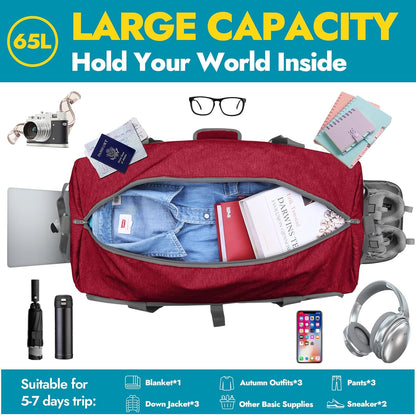 Canway 65L Travel Duffel Bag, Foldable Weekender Bag with Shoes Compartment for Men Women Water-proof & Tear Resistant