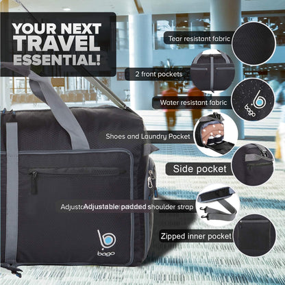 Bago Large Foldable Duffel Bags for Traveling Women & Men - 100L Packable Duffle Bag for Travel with Shoe Compartment - Water Repellant, Heavy Duty, Lightweight Folding & Collapsible (Black)
