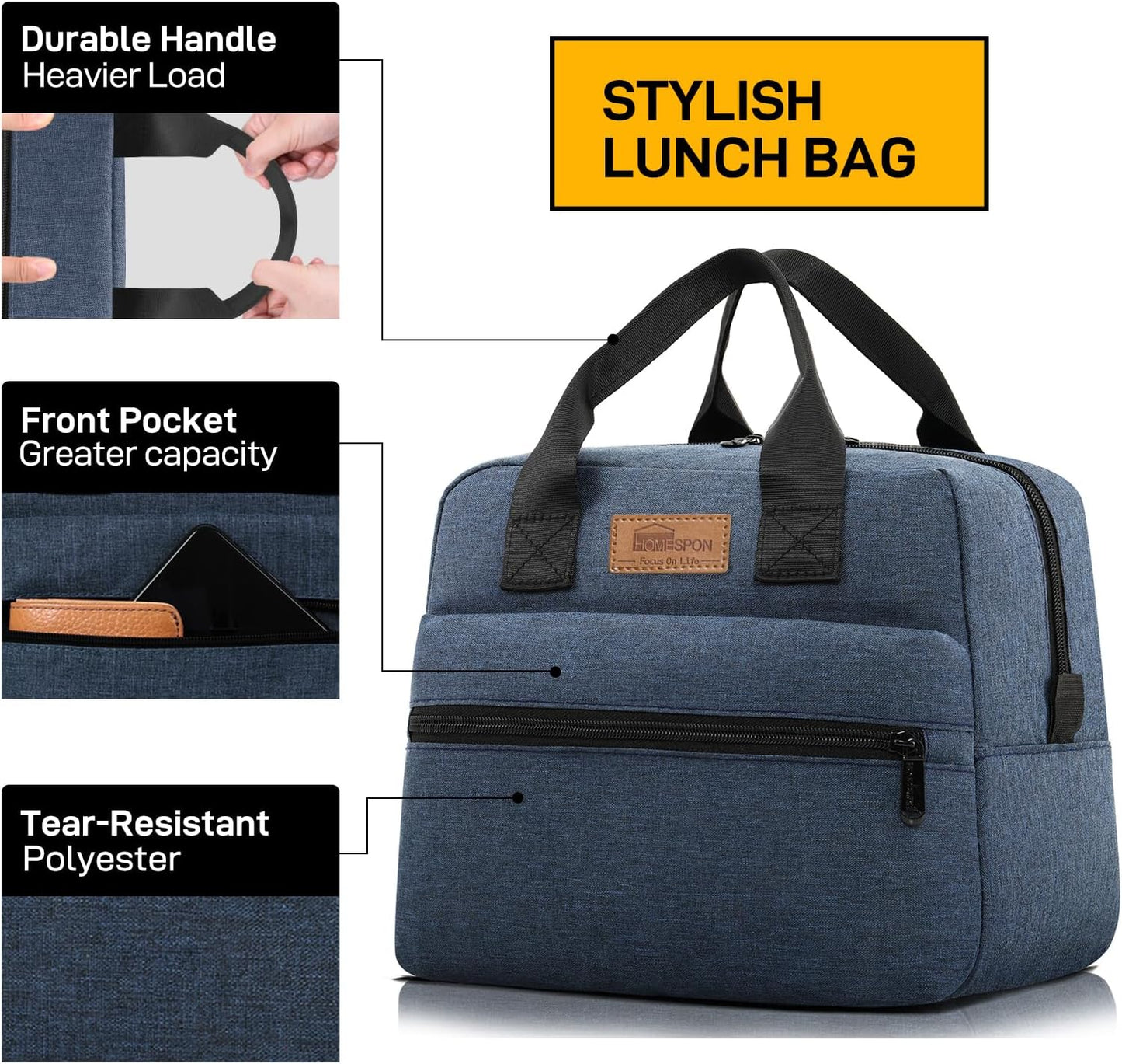 HOMESPON Insulated Lunch Bag for Women Men Lunch Box Cooler Lunch Tote for Work Picnic (Navy)