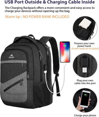 MATEIN 17 Inch Backpack for Men, Professional Work Office Laptop Backpack with USB Charging Port & Trolley Sleeve, Water Resistant Large College Daypack Travel Carry On, Black Grey