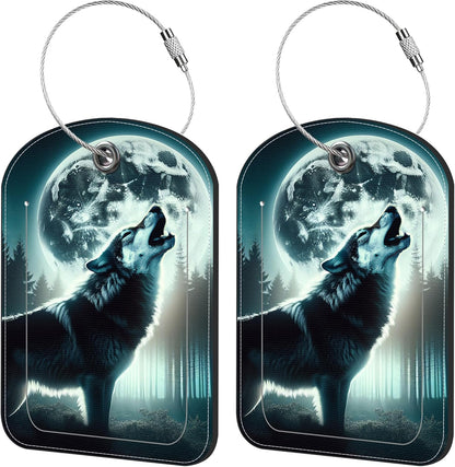2 Pack Cute Luggage Tag for Suitcases Howling Wolf Leather Luggage Tags with Stainless Steel Loop Privacy Flap Name Tags,Men and Women Travel Bag Suitcase Tags