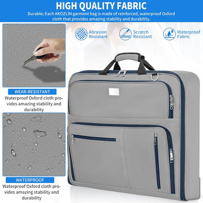AKOZLIN Travel Luggage Garment Bag Foldable Hanging Suit Bag with Shoulder Strap For Men Women Business Grey