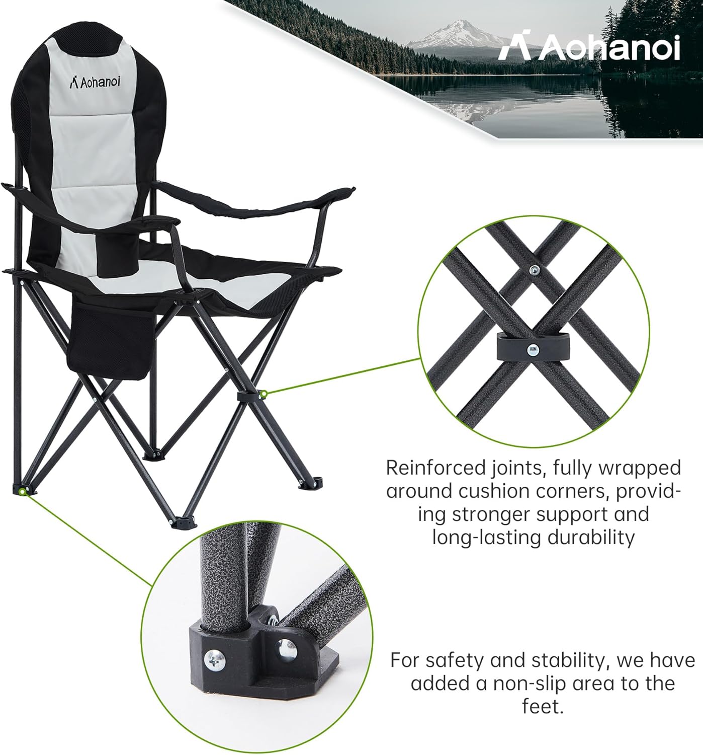 Camping Chairs for Heavy People, Folding Chairs for Outside Outdoor Folding Chairs with Cup Holder & Cooler Bag, Camp Chairs Supports up to 500lbs(2 PC, Black White)