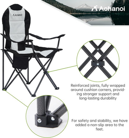 Camping Chairs for Heavy People, Folding Chairs for Outside Outdoor Folding Chairs with Cup Holder & Cooler Bag, Camp Chairs Supports up to 500lbs(2 PC, Black White)