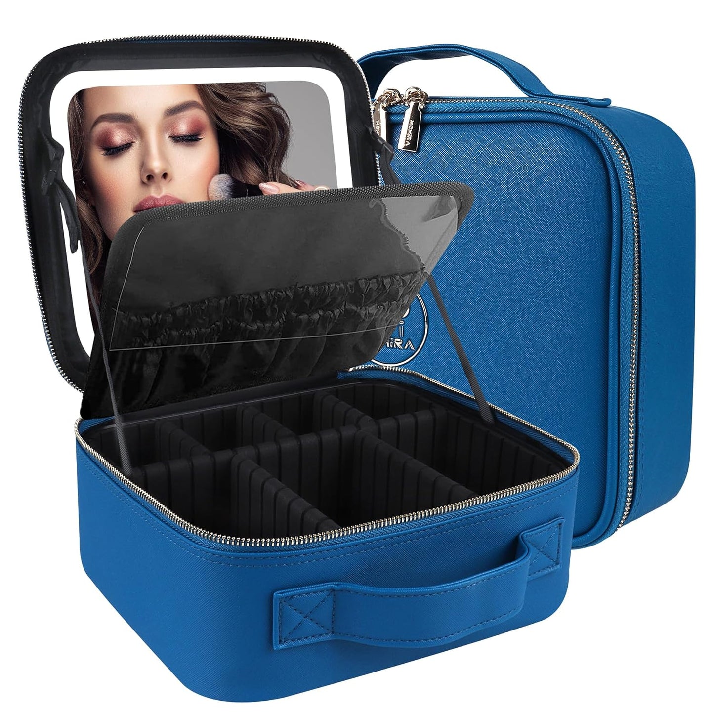 MOMIRA Travel Makeup Bag Cosmetic Bag Makeup Organizer Bag with Lighted Mirror, Adjustable Brightness in 3 Color Scenarios, Waterproof Makeup Train Case, Gift for Women - Cyan Blue