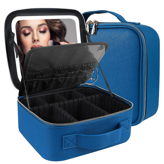 MOMIRA Travel Makeup Bag Cosmetic Bag Makeup Organizer Bag with Lighted Mirror, Adjustable Brightness in 3 Color Scenarios, Waterproof Makeup Train Case, Gift for Women - Cyan Blue