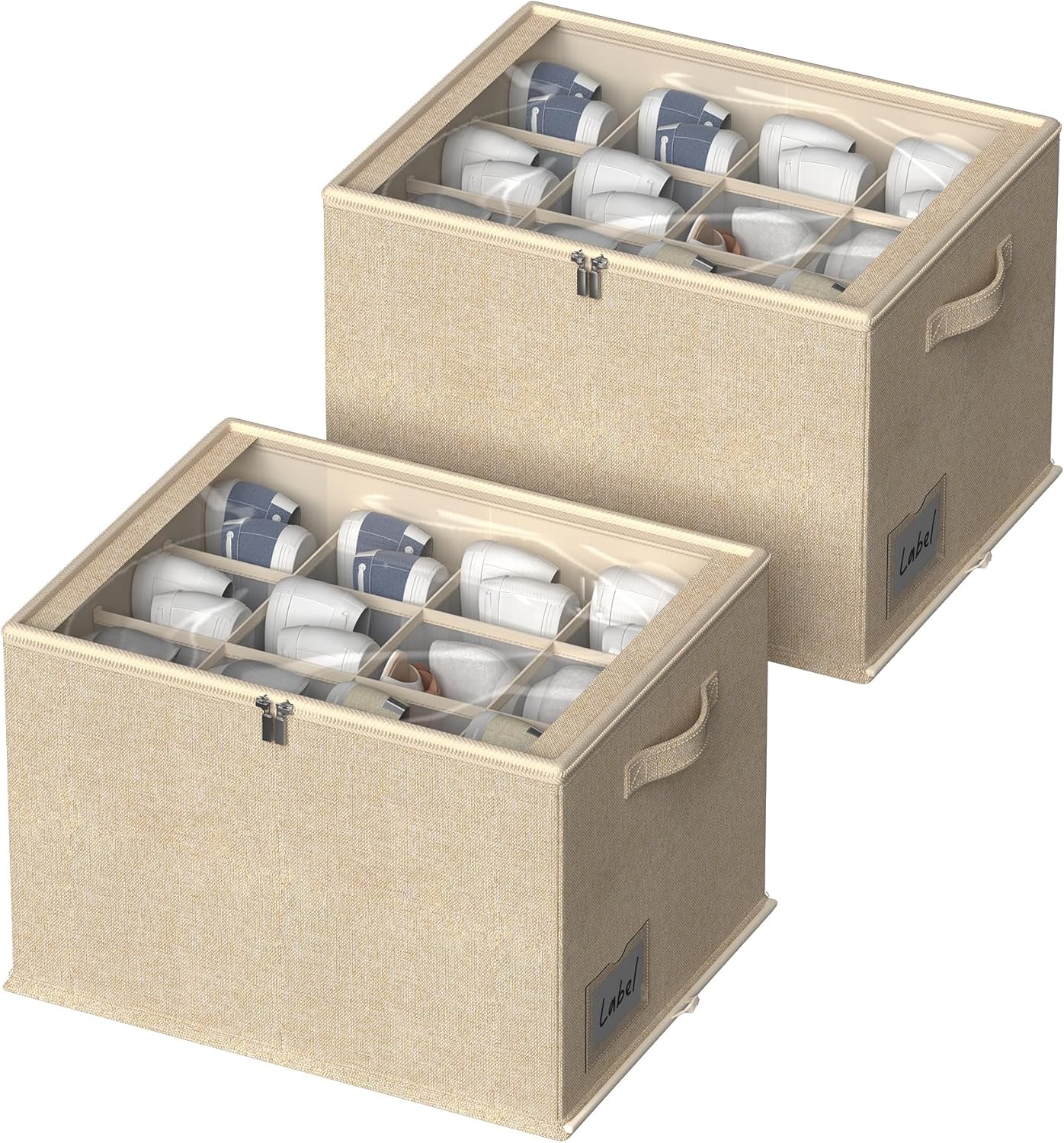 2 Pack Shoe Organizer for Closet - Shoe Storage Bins with Clear Cover, Fabric Shoe Storage Containers with Reinforced Handles, Fits up to 24 Pairs (Beige, 16.5 * 12.6 * 12.2in)