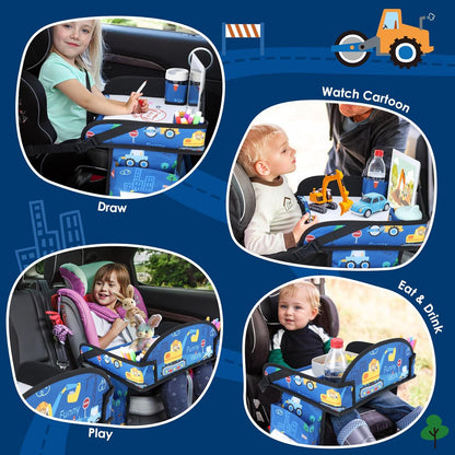 Kids Travel Tray for Airplane - Toddler Car Seat Table Tray, Road Trip Essentials for Boys & Girls, Carseat Lap Desk for Kids Road Trip Activities (Dark Blue Car)