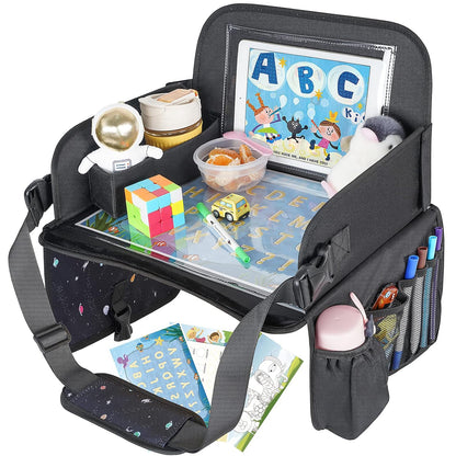 MENZOKE Kids Travel Tray, Travel Tray for Kids Car Seat with Educational Drawing Board, Tablet Holder & Cooler Cup Holder, Portable Road Trip Essentials Child's Gifts for Car Trip, Airplane, Black
