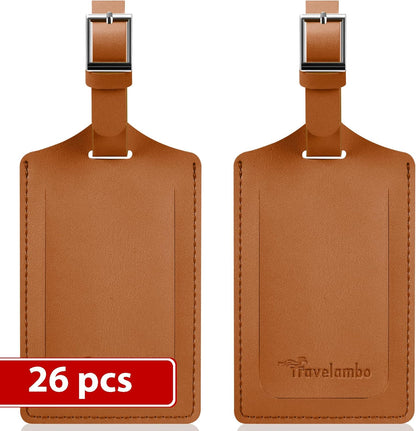 Travelambo Luggage Tags for Suitcases Faux Leather Privacy Protection 26 Pack Bag Tags Travel Accessories Essential, Yellowish Brown