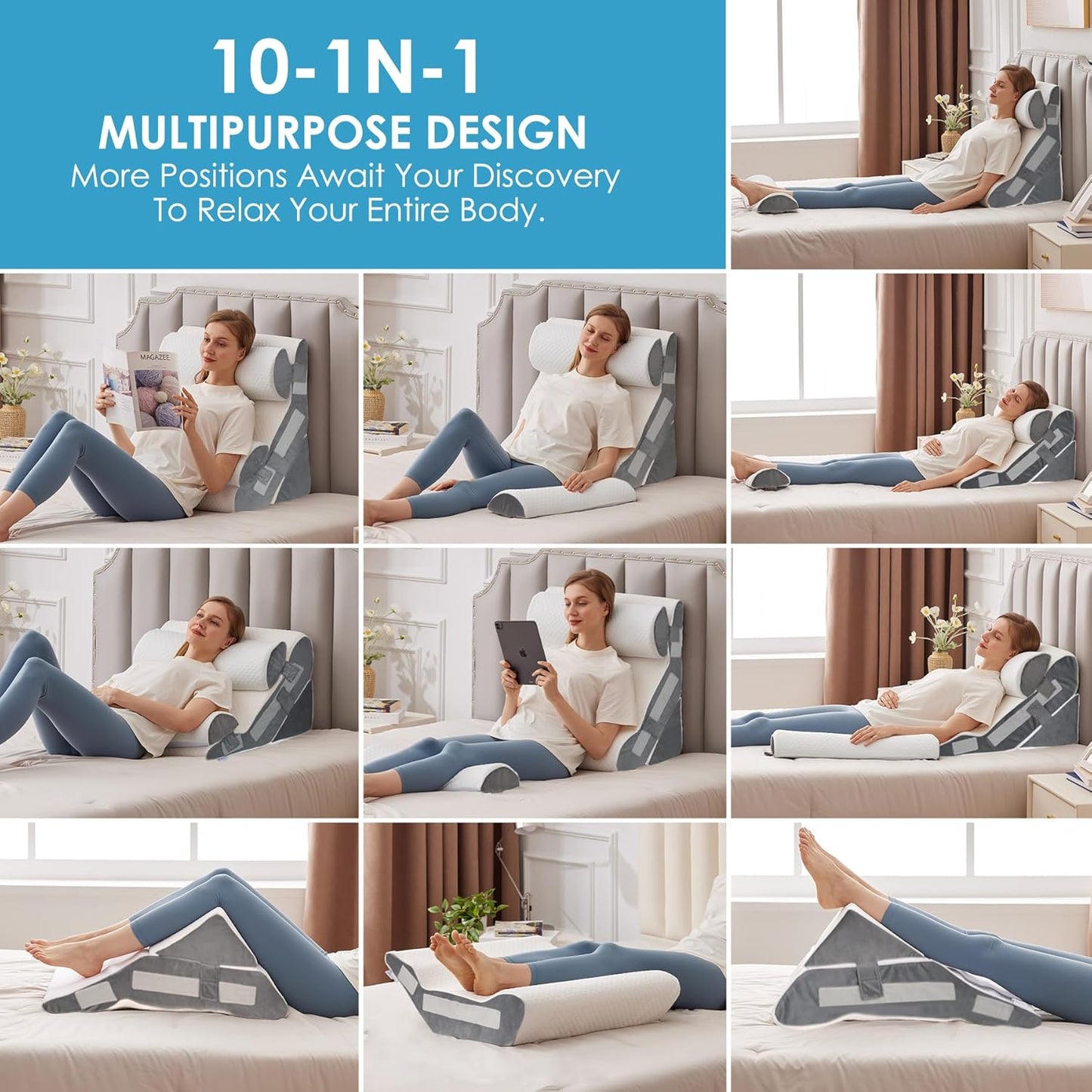 4PCS Bed Wedge Pillow for Headboard, Adjustable Wedge Pillow for Sleep Apnea, 23” Wide Triangle Pillow Wedge Set for After Surgery, Acid Reflux Relief, Snoring, Neck&Back Support, White/Grey