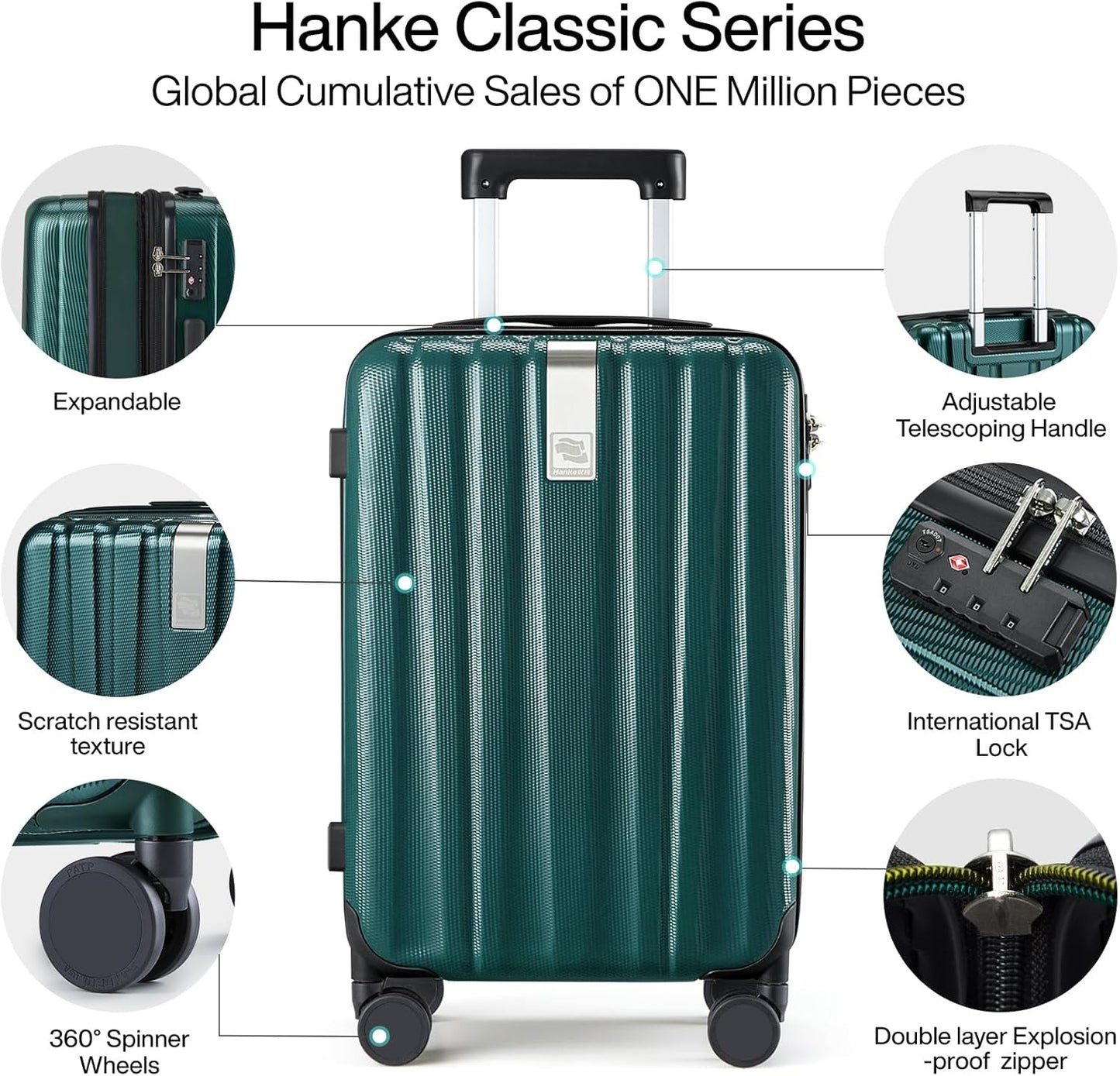 Hanke 20 Inch Expandable Carry on Luggage 22x14x9 Airline Approved Lightweight PC Hard Shell Suitcases with Wheels Travel Luggage Rolling Suitcase Travel Luggage Bag for Weekender(Blackish Green)