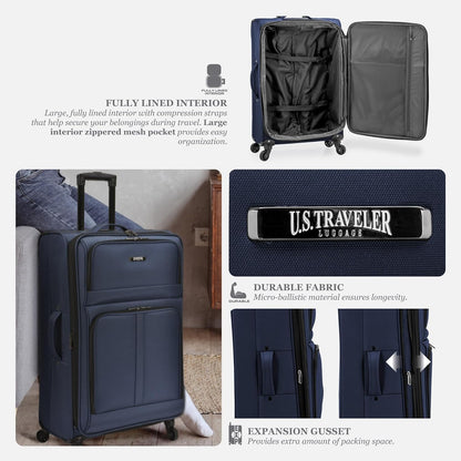 U.S. Traveler Anzio Softside Expandable Spinner Luggage, Navy, Checked-Large 30-Inch