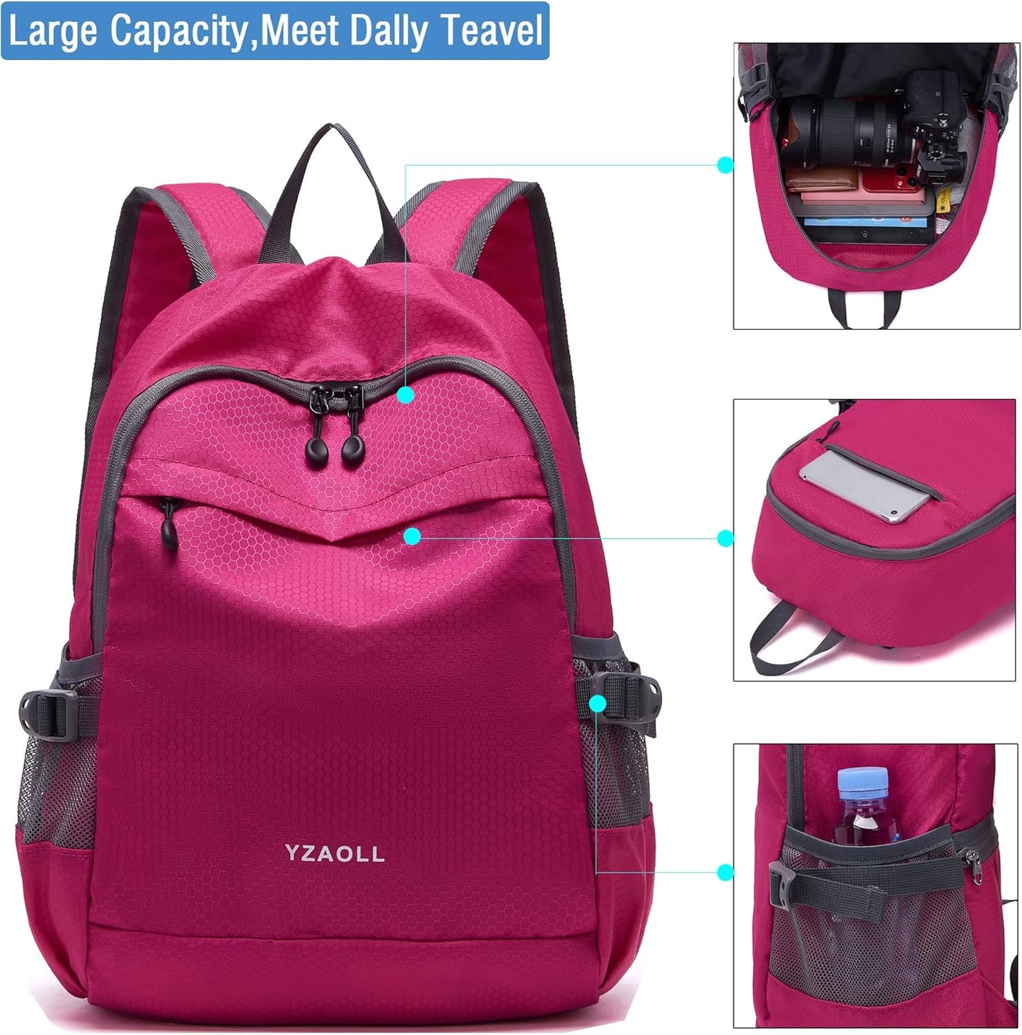 YZAOLL Small Lightweight Packable Hiking Backpack, 20L Hiking Backpack Day Pack for Women Men Travel Camping Vacation,Rose