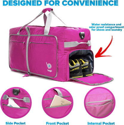 Bago Big XXL Foldable Duffel Bags for Traveling Women & Men - 140L Packable Duffle Bag for Travel with Shoe Compartment - Water Repellant, Heavy Duty, Lightweight Folding & Collapsible (Pink)