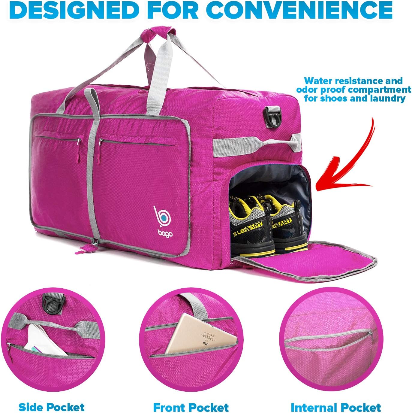 Bago Large Foldable Duffel Bags for Traveling Women & Men - 120L Packable Duffle Bag for Travel with Shoe Compartment - Water Repellant, Heavy Duty, Lightweight Folding & Collapsible (Pink)