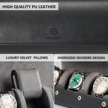 Watch Travel Case for Men: 3 Slot Watch Box Organizer Display Case - Portable Watch Storage & Travel Case - Watch Roll Fits All Wrist Watches & Smart Watches Up to 50mm (Black)