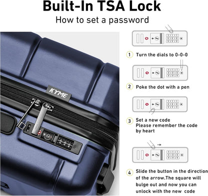 KYME Carry On Luggage 22x14x9 Airline Approved with Cup Holder Hardside Carry On Suitcase with Spinner Wheels TSA Lock Hardshell 22 inch Travel Rolling Luggage for Women Men Navy