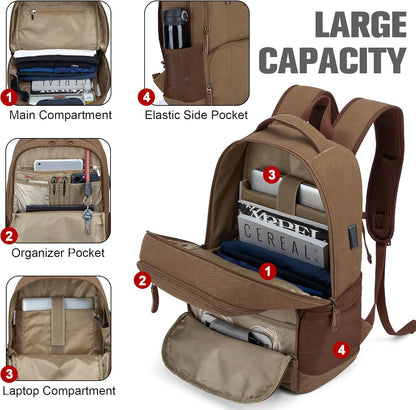 Tzowla Canvas Laptop College Backpack for Men and Women,Travel Work Vintage Rucksack with USB/Type-C Charging Port,Lightweight Hiking Casual Daypack Backpacks fit 15.6 inch Notebook,Brown