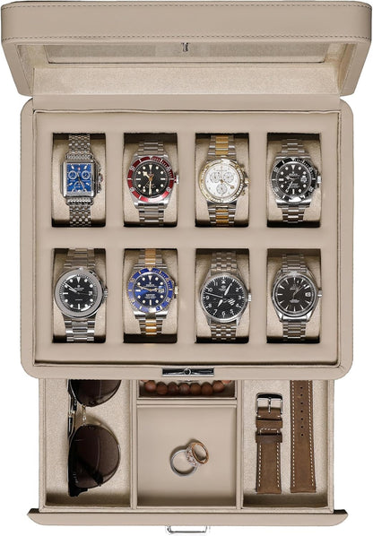 ROTHWELL 8 Slot Leather Watch Box with Valet Drawer - Luxury Case Display Jewelry Organizer, Locking Display Case Holder with Real Glass Top - Watch Box Organizer for Men & Women (Oatmeal)