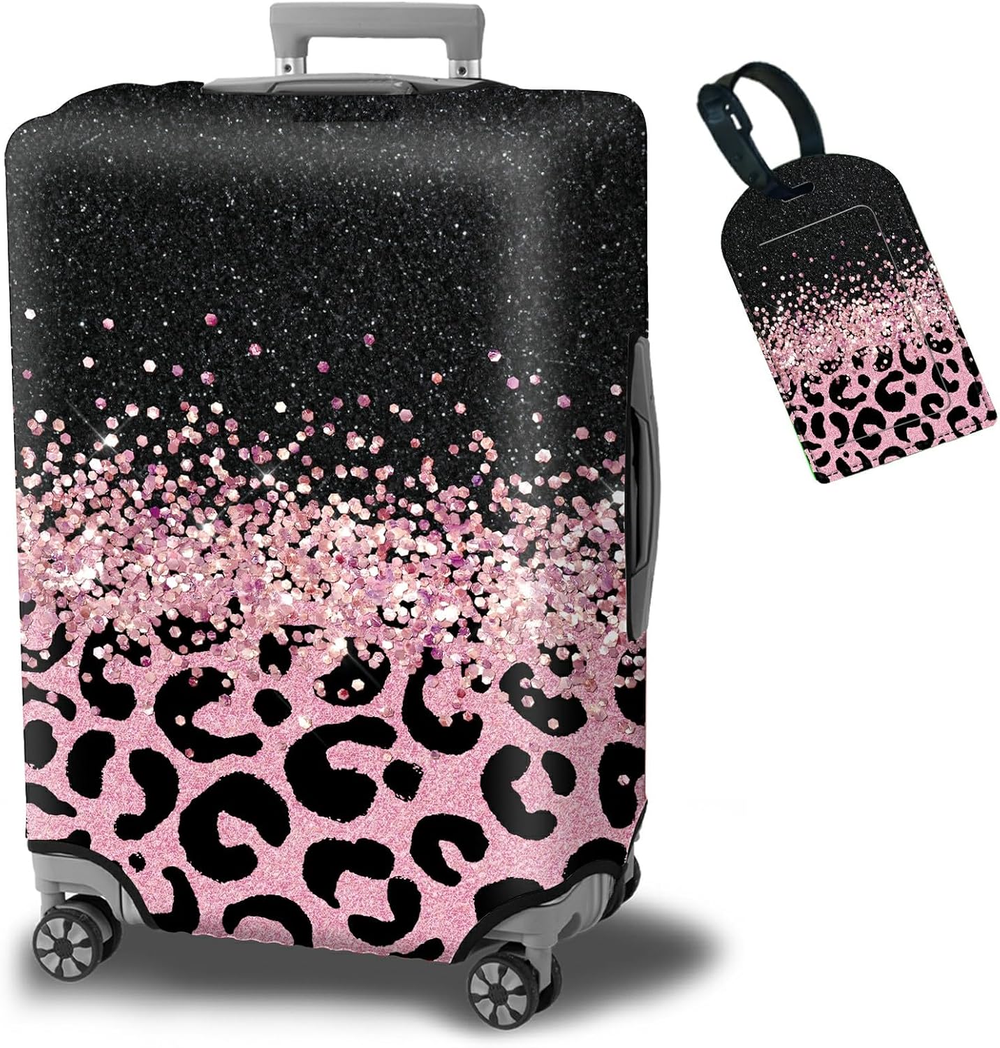 Luggage Cover + Tag, Pink Leopards Travel Suitcase Cover for 29-30 inch Luggage (XL) with Concealed Zipper, Washable Elastic Cloth, Dustproof, Anti-Scratch