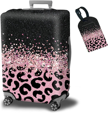 Luggage Cover + Tag, Pink Leopards Travel Suitcase Cover for 22-24 inch Luggage (M) with Concealed Zipper, Washable Elastic Cloth, Dustproof, Anti-Scratch