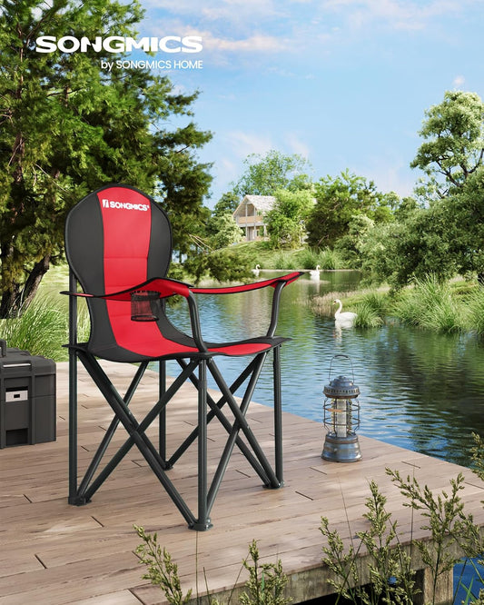 SONGMICS Folding Camping Chair, with Comfortable Sponge Seat, Cup Holder, Heavy Duty Structure, Max Load Capacity 551 lb, Outdoor Picnic Chair, Red and Black UGCB06BK