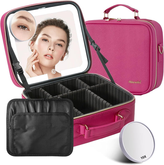 Mocado Travel Makeup Bag with LED Lighted Mirror,Travel Makeup Organizer,Makeup Case with 3 Color Lighted Setting and 10x Magnifying Mirror,Portable Storage and Adjustable Dividers Makeup Box(Violet)