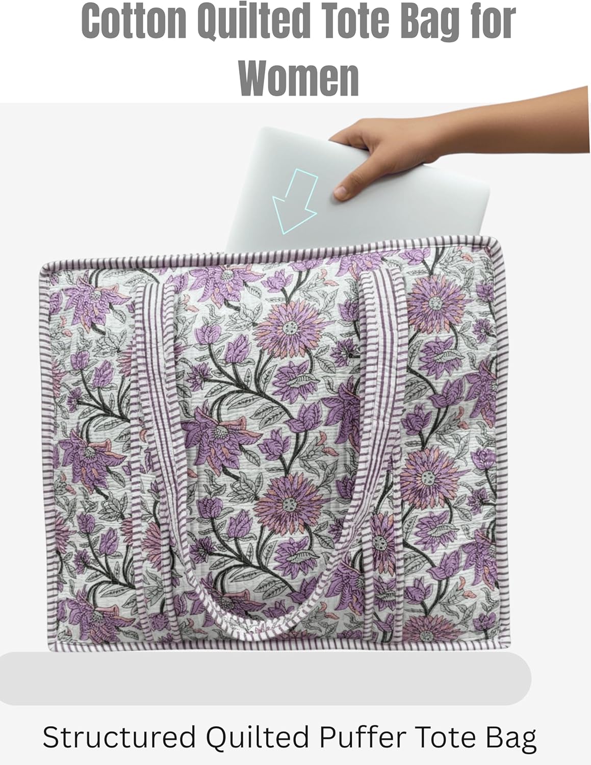 Cotton Quilted Tote Bag for Women – Large Beach & Travel Tote with Zipper, Reusable Grocery Bag