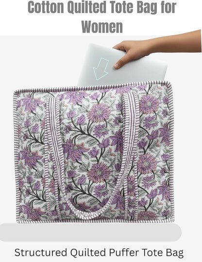 Cotton Quilted Tote Bag for Women – Large Beach & Travel Tote with Zipper, Reusable Grocery Bag