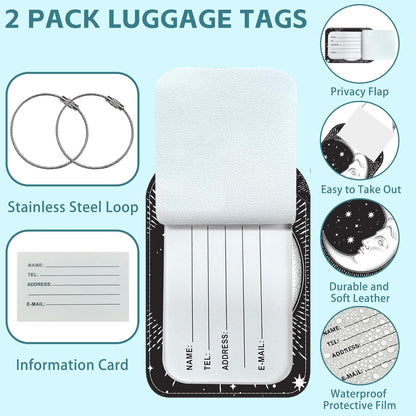 2 Pack Cute Luggage Tag for Suitcases Crescent Moon Leather Luggage Tags with Stainless Steel Loop Privacy Flap Name Tags,Men and Women Travel Bag Suitcase Tags