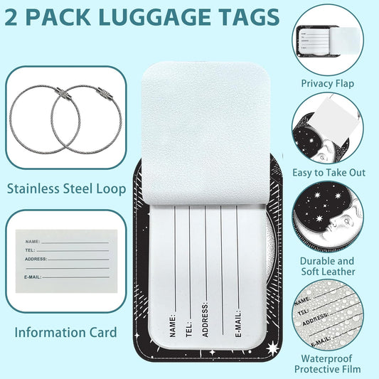 2 Pack Cute Luggage Tag for Suitcases Crescent Moon Leather Luggage Tags with Stainless Steel Loop Privacy Flap Name Tags,Men and Women Travel Bag Suitcase Tags