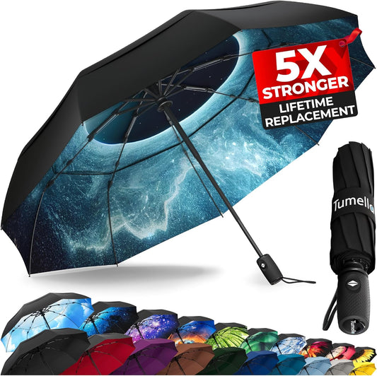TUMELLA Strongest Windproof Travel Umbrella (Compact, Superior & Beautiful), Small Strong but Light Portable and Automatic Folding Rain Umbrella, Durable Premium Grip, Fits Car & Backpack