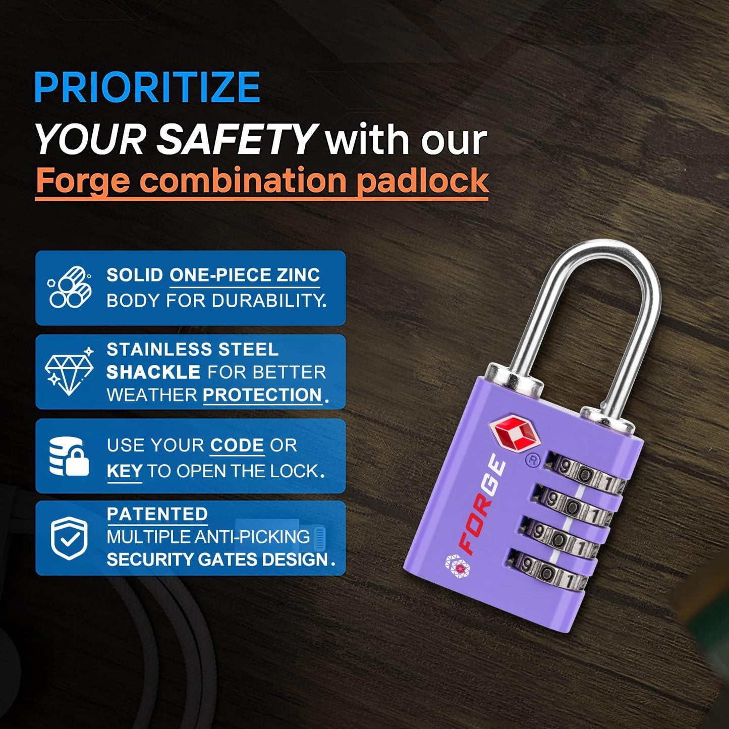 Forge Dual-Opening: Key or Combination Access Lock, TSA Approved Locks for Luggage, Pelican case, Travel, Gym, School, Stainless Steel Shackle. (Purple, 2 Pk)