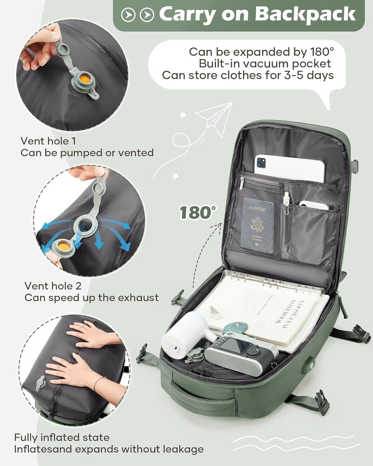 Vacuum Backpack Travel Laptop Backpacks For Women Men Carry On Backpack With Vacuum Compression Bags Seal Packing Personal Item Travel Bag Vacpack Backpacks Without Pump Olive Green