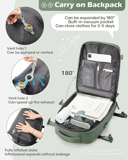 Vacuum Backpack Travel Laptop Backpacks For Women Men Carry On Backpack With Vacuum Compression Bags Seal Packing Personal Item Travel Bag Vacpack Backpacks Without Pump Olive Green